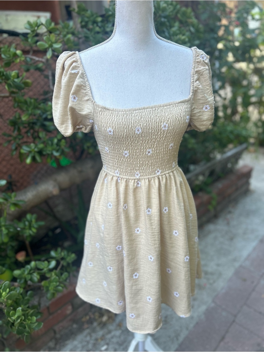 mine Puff-Sleeve Smocked Mini Dress in Light Beige with White Embroidery